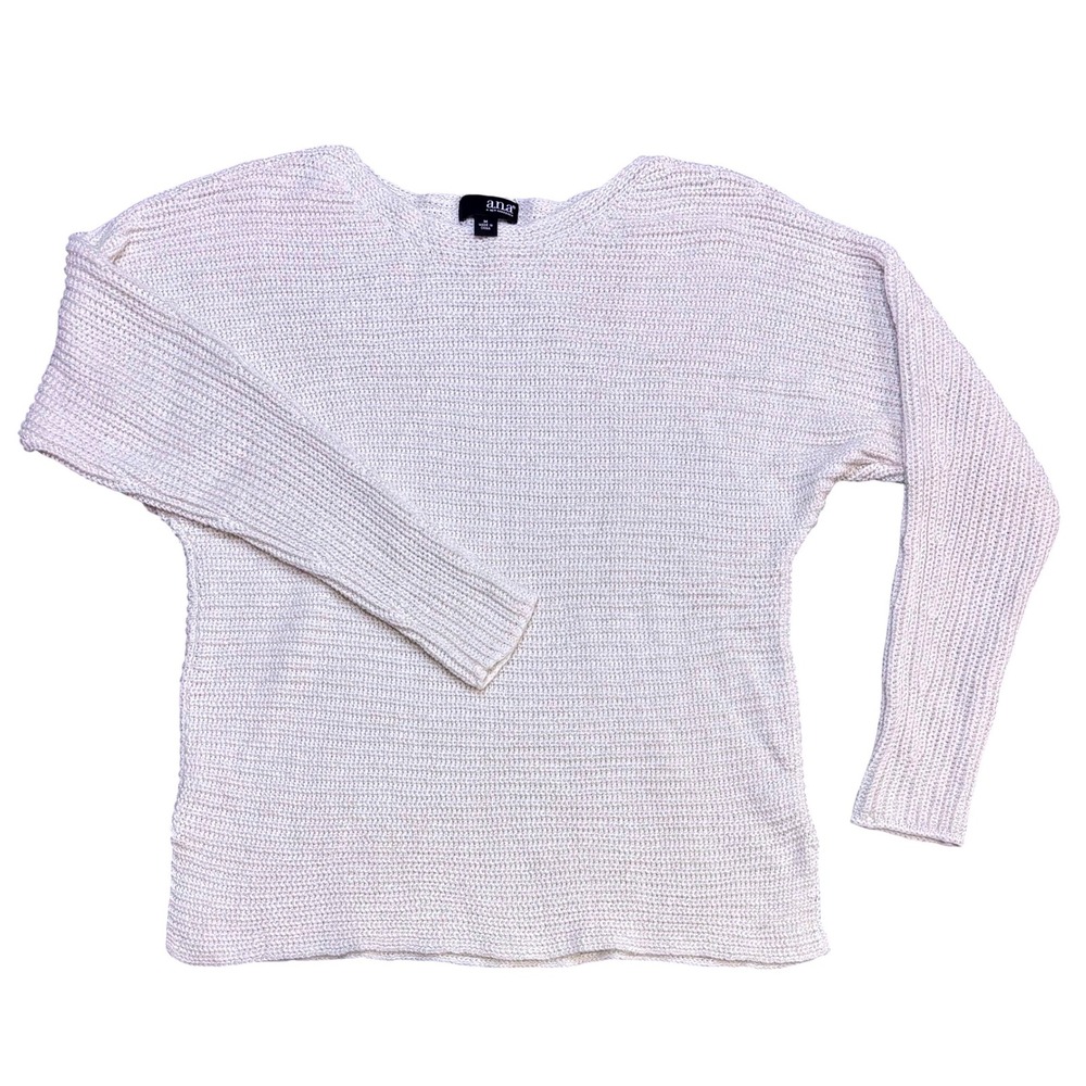 ANA A New Approach Women's M White Knit Sweater Relaxed Fit W/ Shimmer Metallic